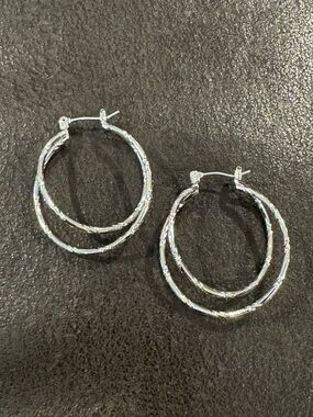 Double Hoop Earrings Textured Silver Tone